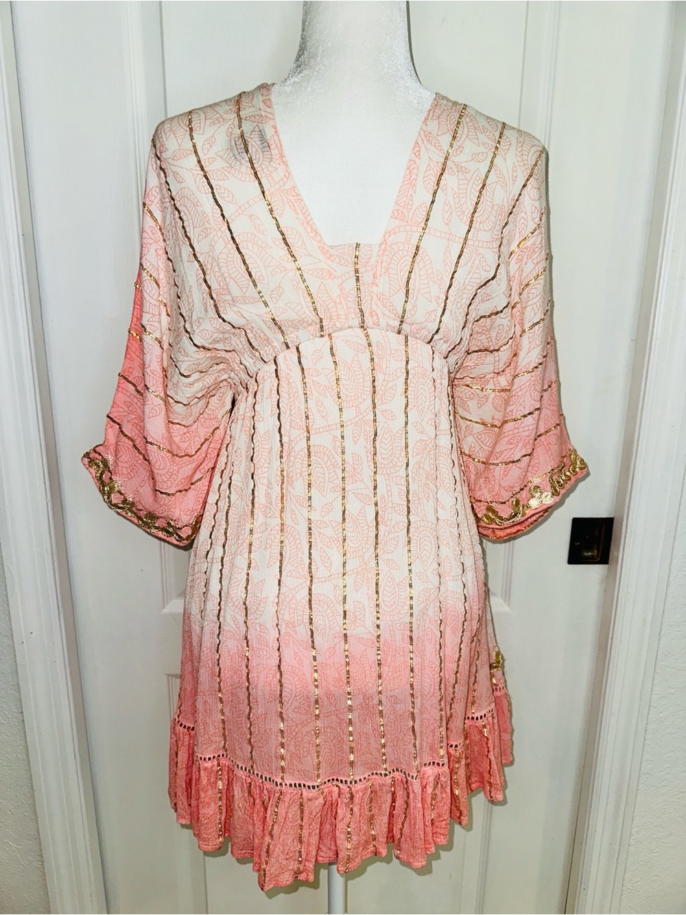 ZURY Boho Tassel Tie Pink Ombre Dress with Gold Trim (S) - Picture 3 of 8